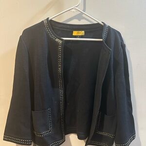 St. John Black Open-Front Textured Cardigan with Stud Detailing